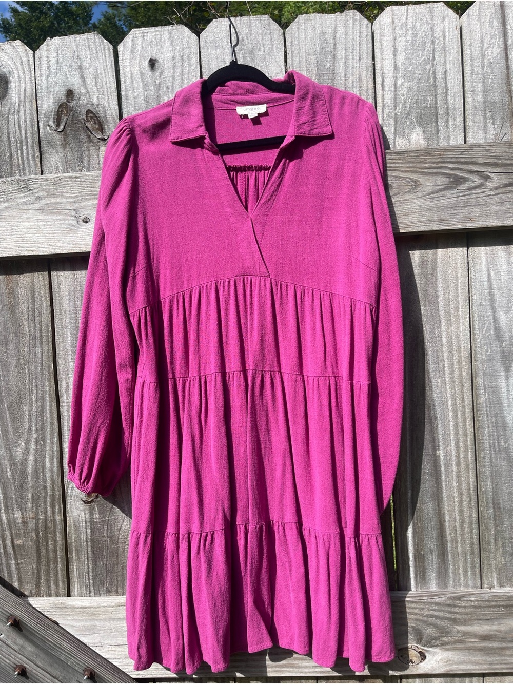 Umgee Magenta Tiered V-Neck Midi Dress Linen Cotton Blend Sz L